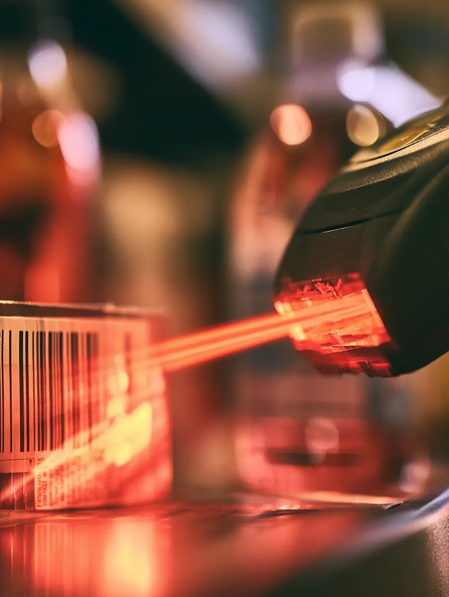Red scanner beam sweeping a product barcode at close range during a list-driven grocery checkout