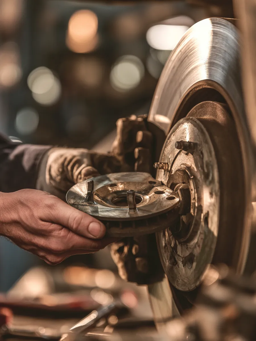 American mechanic's hands fitting a new brake pad onto a caliper during an installment-financed repair