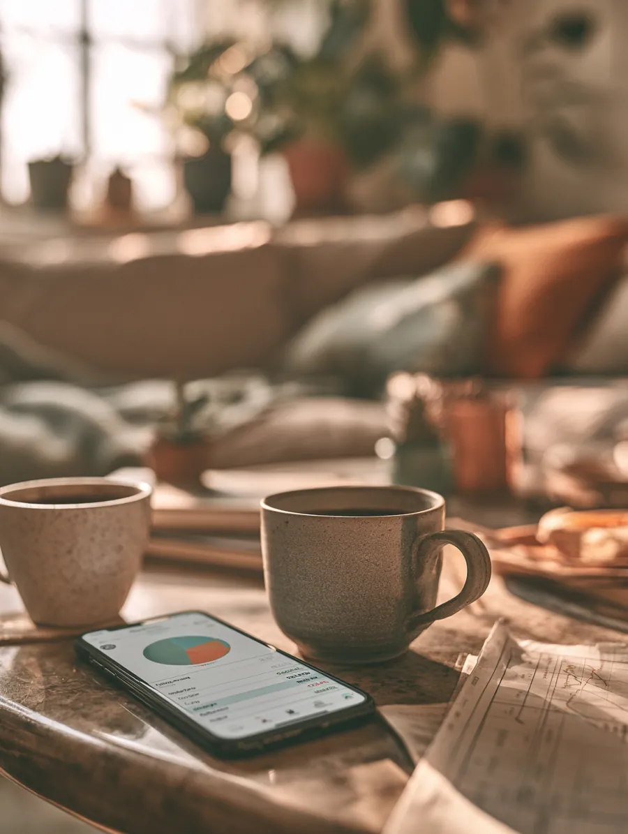 Budgeting app open on a smartphone beside a coffee cup while estimating a OnePay Later payment