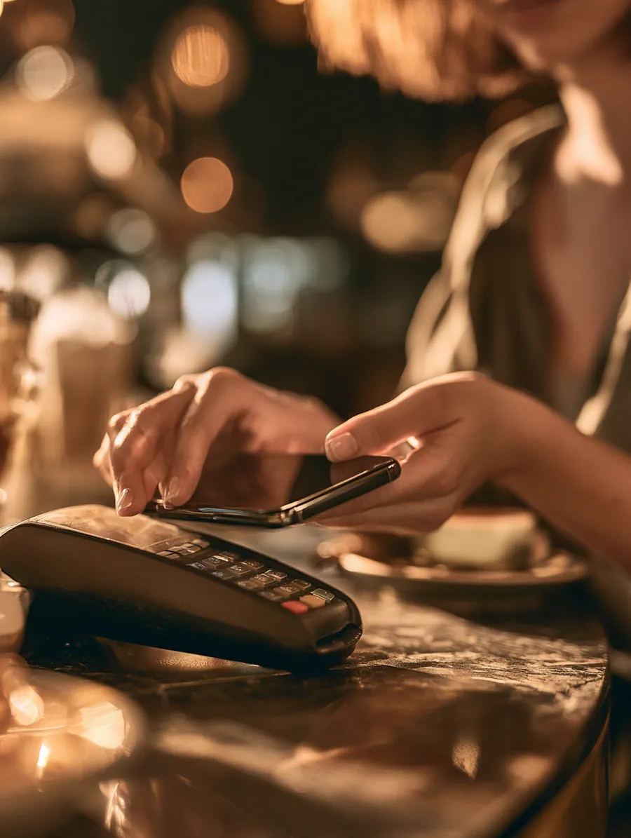 American woman tapping her smartphone on a contactless terminal to complete a OnePay Later purchase