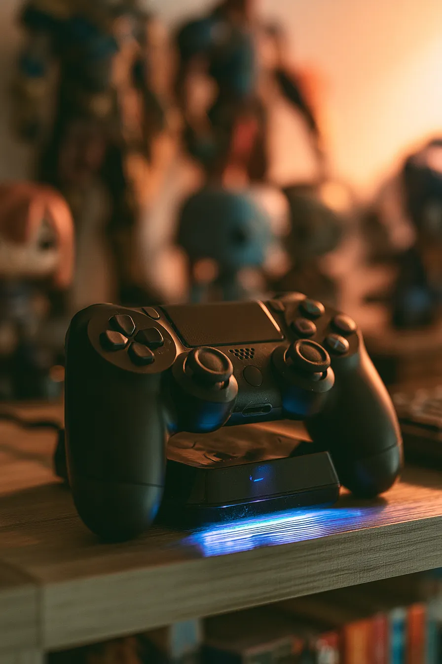 Game controller resting on a charging dock on a shelf, hardware aging faster than its schedule