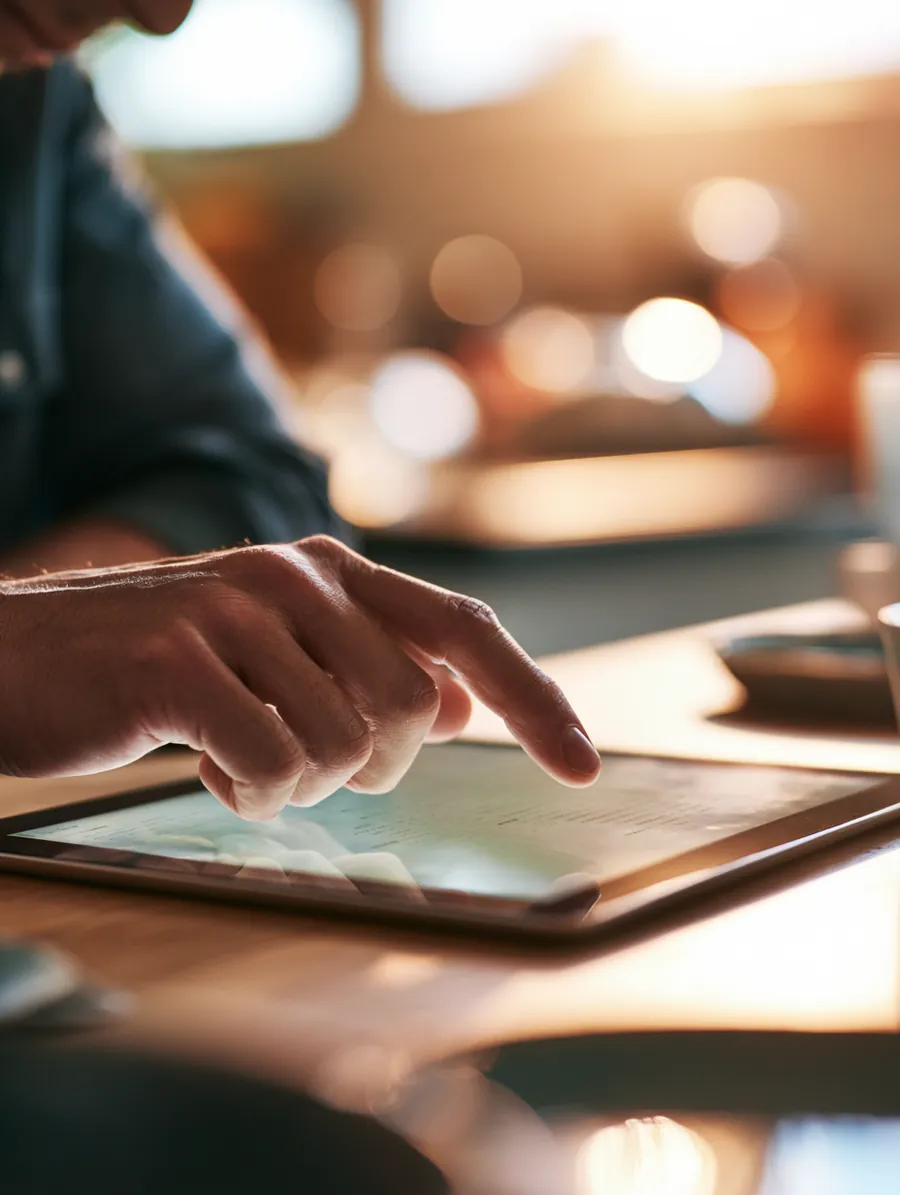 American man at his kitchen table reviewing a personal installment schedule on a tablet
