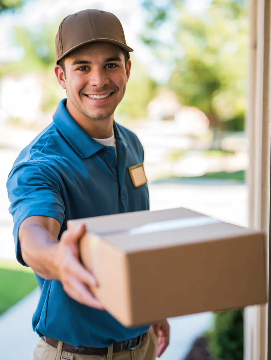 Friendly American delivery courier handing a cardboard package to a doorstep, a refurbished device arriving