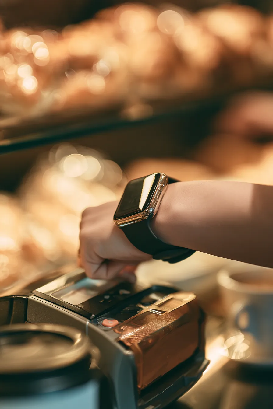 Close-up of a wrist raising a smartwatch to a card reader for a small tap payment