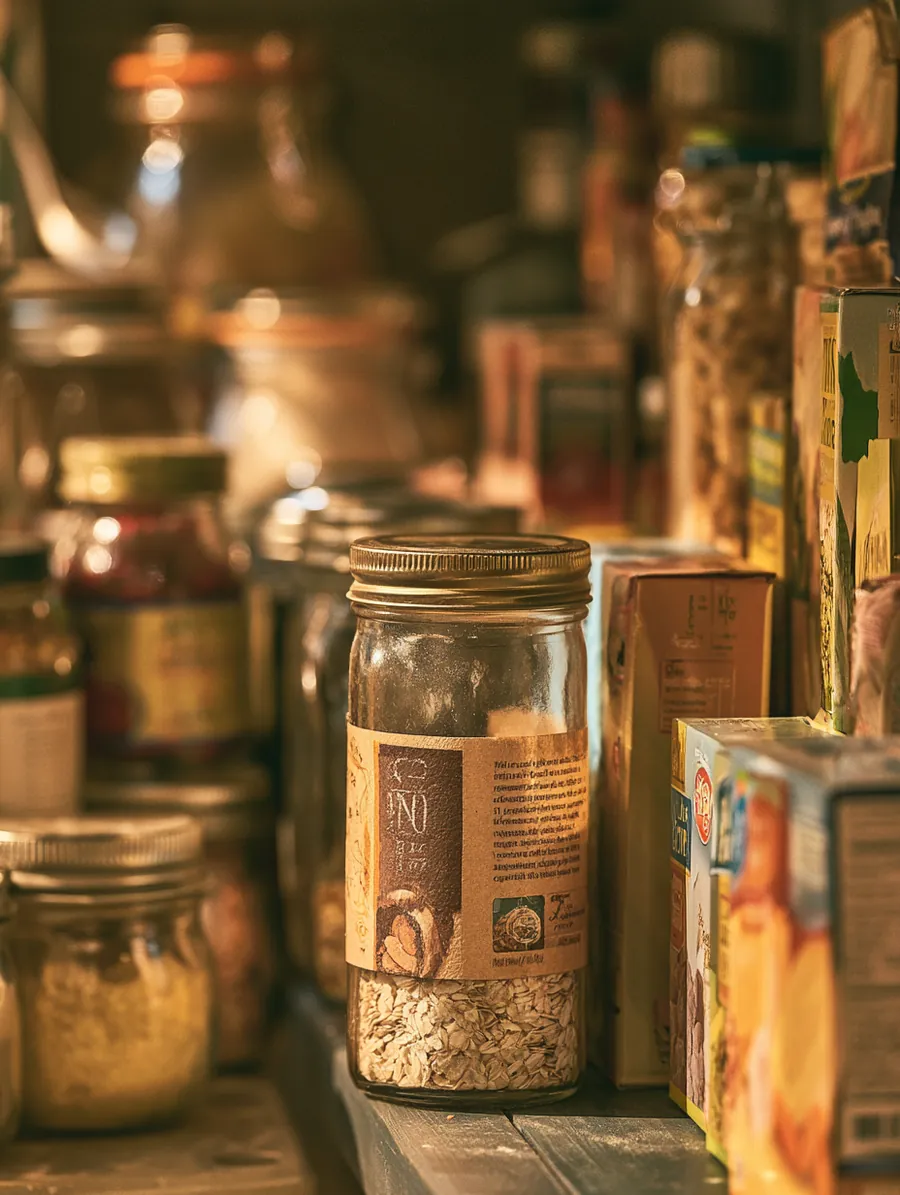 Well-stocked American pantry shelf with jars and boxes arranged after an essentials stock-up plan